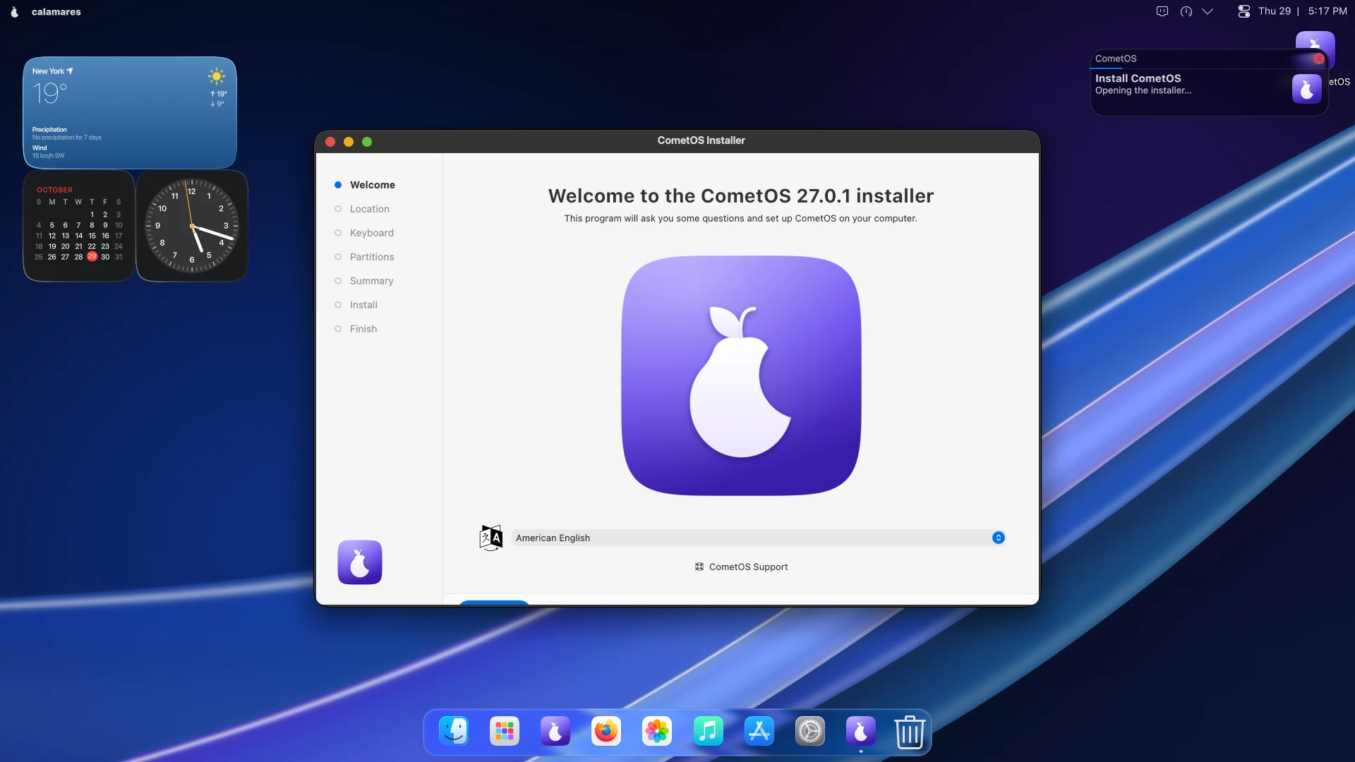 The installer. Install CometOS waits in the Dock of the live desktop, in your language from the first screen.