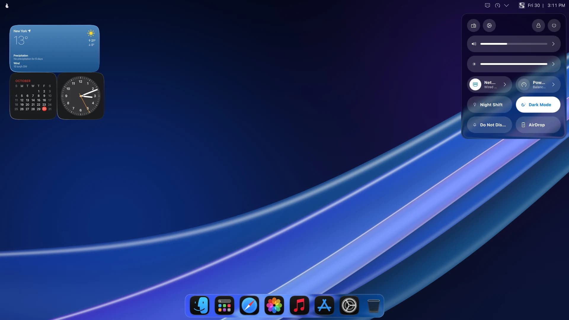 Control Center, in Dark. The same controls, one click from the corner of the menu bar.
