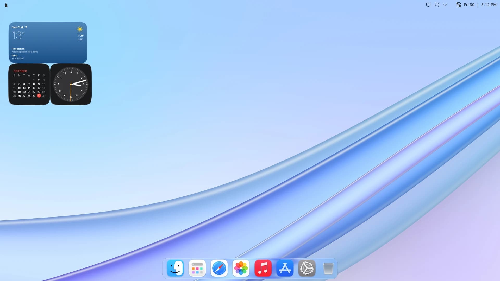 The desktop, in Light. Weather, a calendar and a clock on the desktop to start with, and a bigger Dock along the bottom.