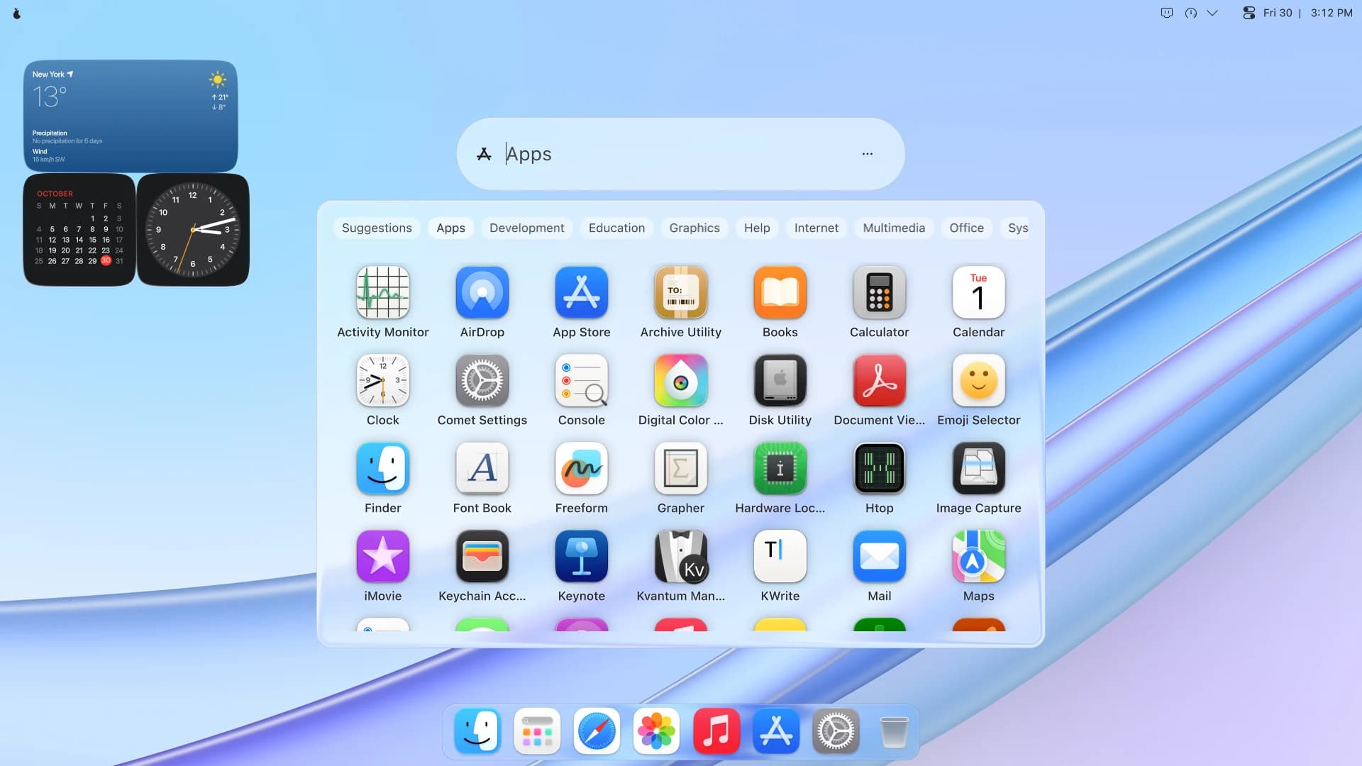 Launchpad, in Light. The same apps on frosted glass, over the Light wallpaper.
