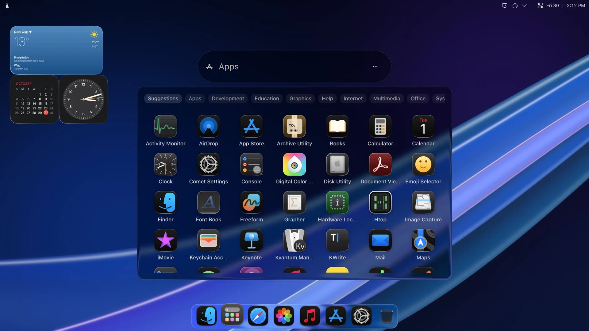 Launchpad. Every app, full screen, with search and categories along the top.