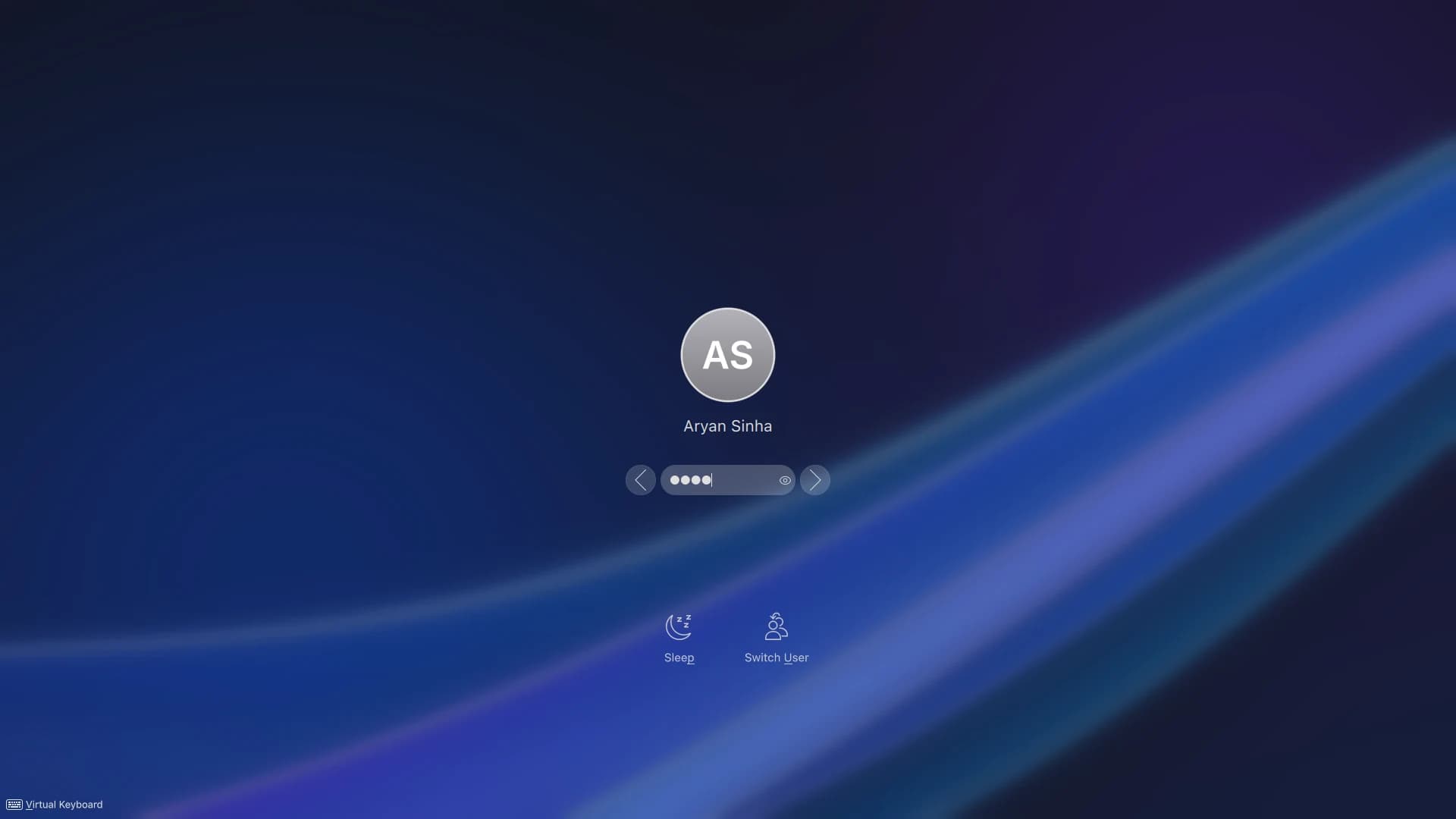 Signing in. Start typing and your picture and password appear, over a blurred wallpaper.