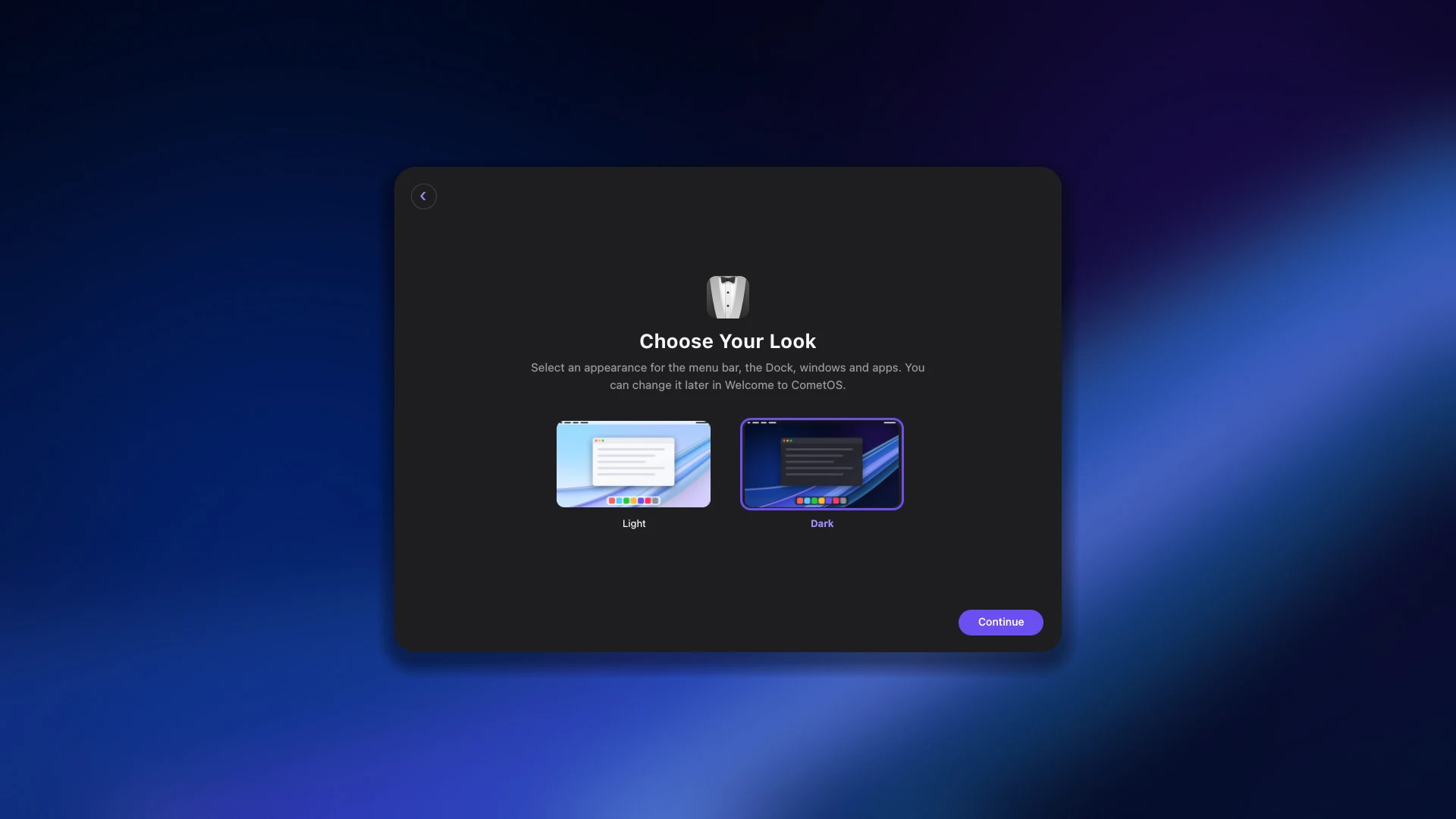 Choose your look. Light or Dark, picked before anything else. The menu bar, the Dock, windows and apps all follow.