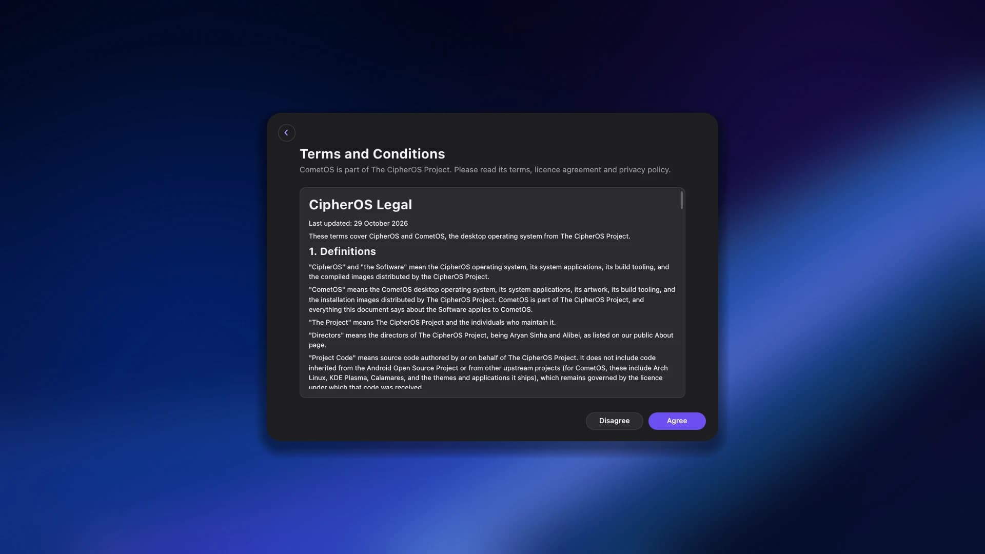 The terms, up front. CipherOS Legal, readable in full before you agree to anything.
