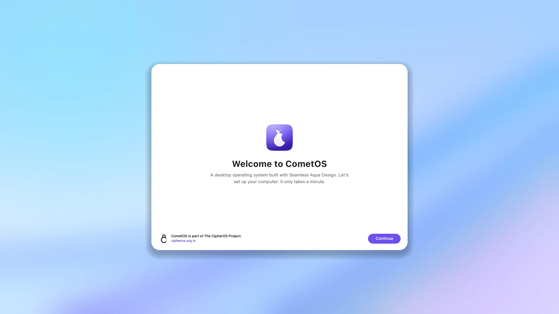 Welcome, in Light. On an installed computer, the first start sets up your account in a full screen assistant. It takes a minute.
