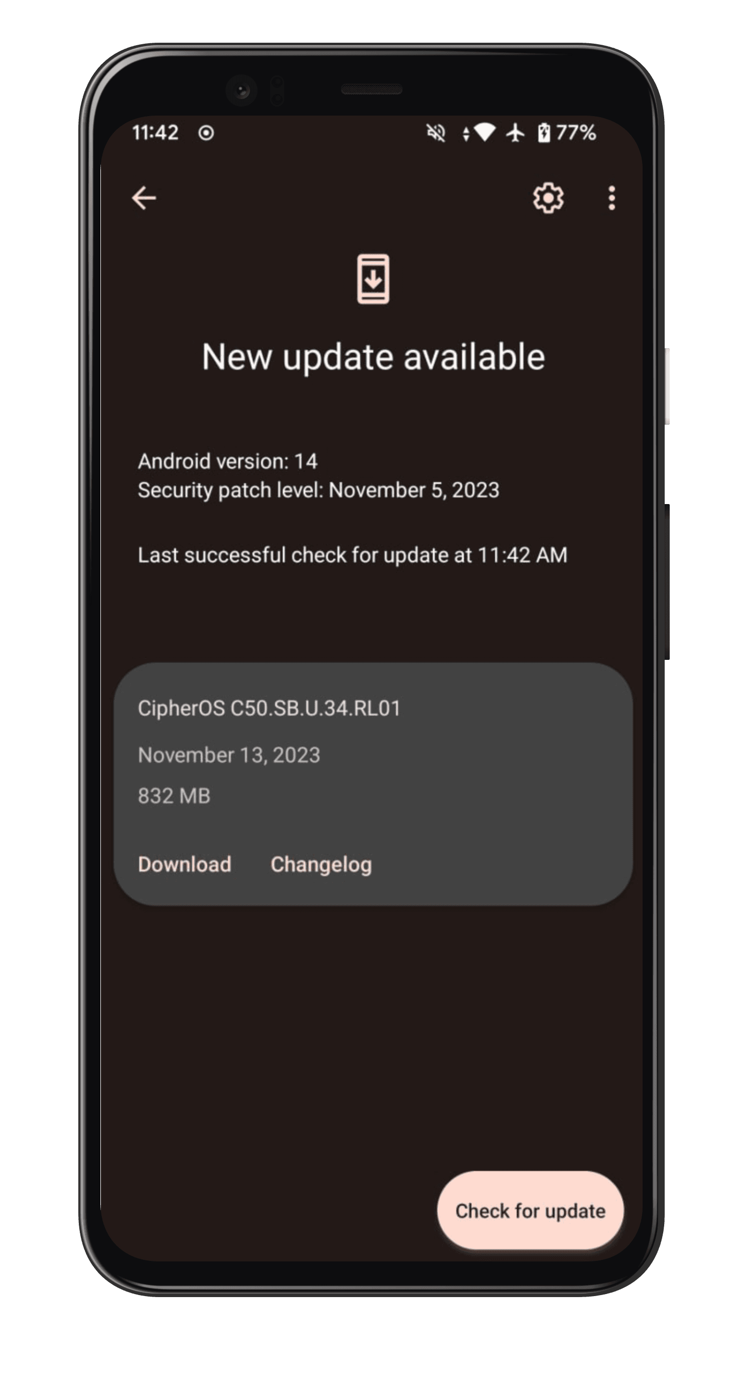 A new build is ready. The updater showing the build number, date and download size before you commit to anything.