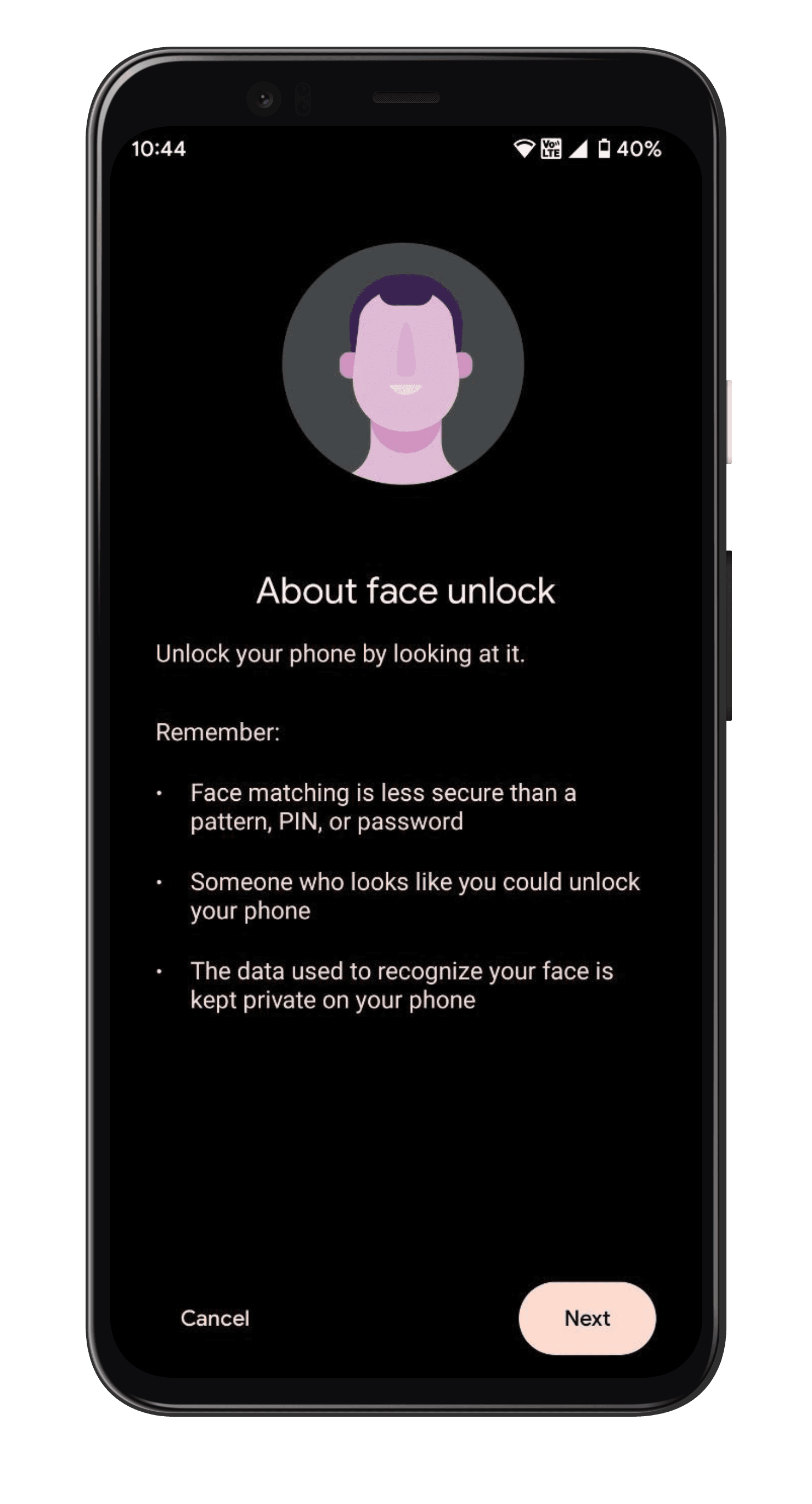 Face unlock. Set-up is explicit that face matching is less secure than a PIN, and that the data stays on the device.