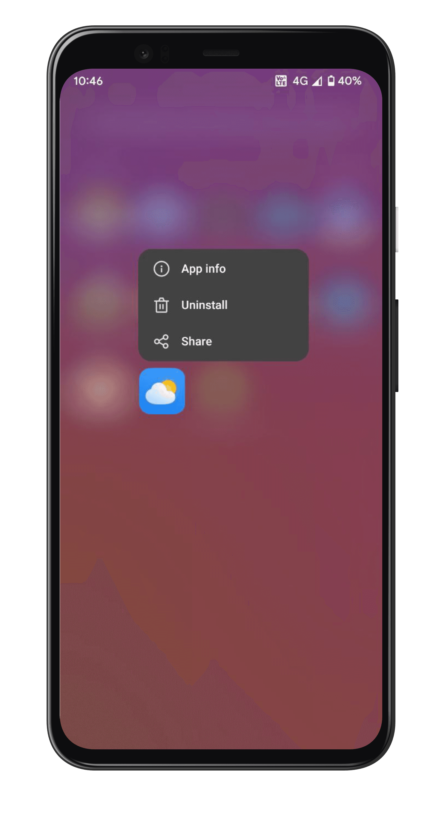 Home screen. Long-press an icon for app info, uninstall and share, without a trip into settings.