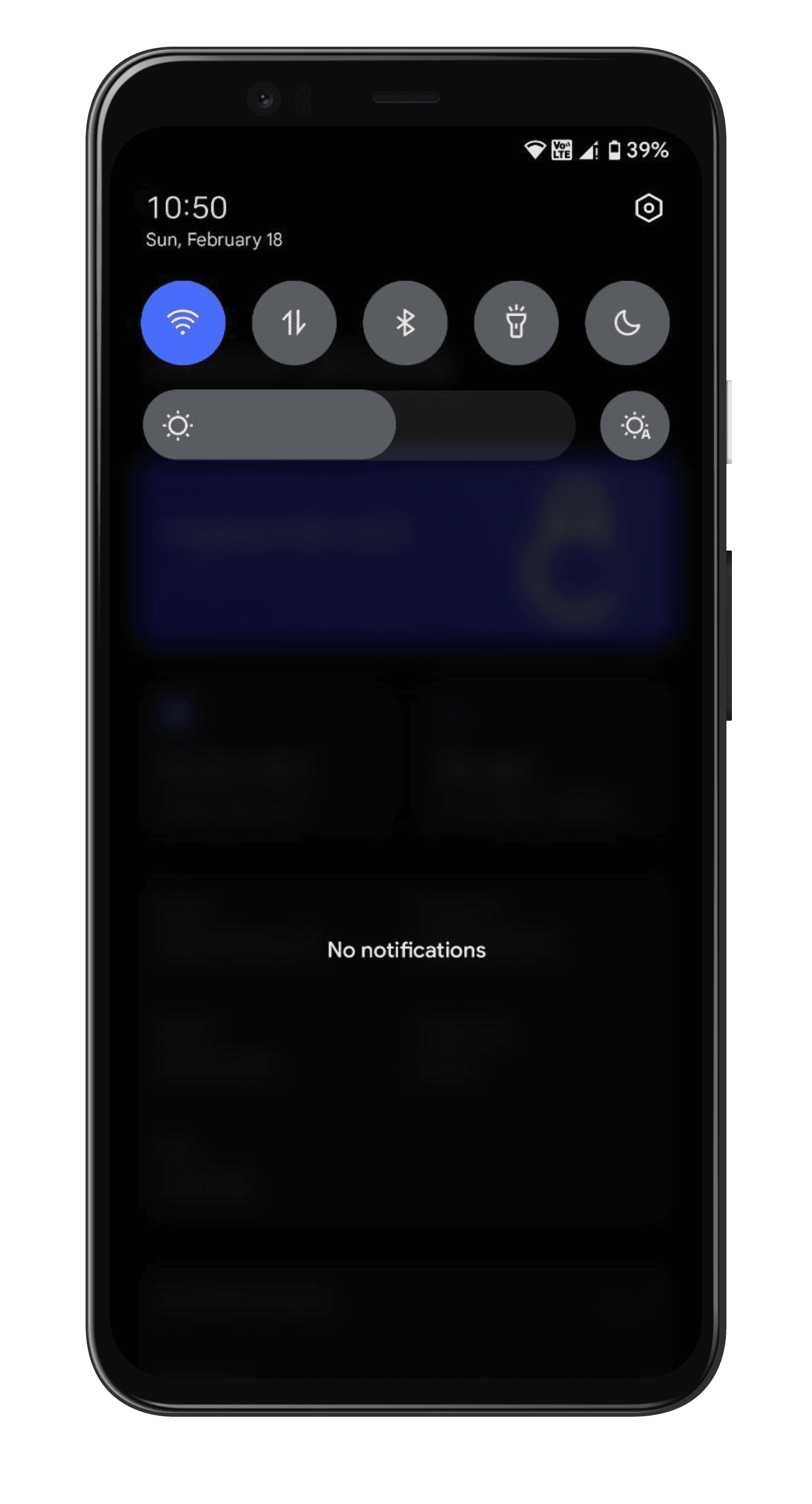 Notification shade. The shade at rest, with quick settings tiles above an empty notification list.