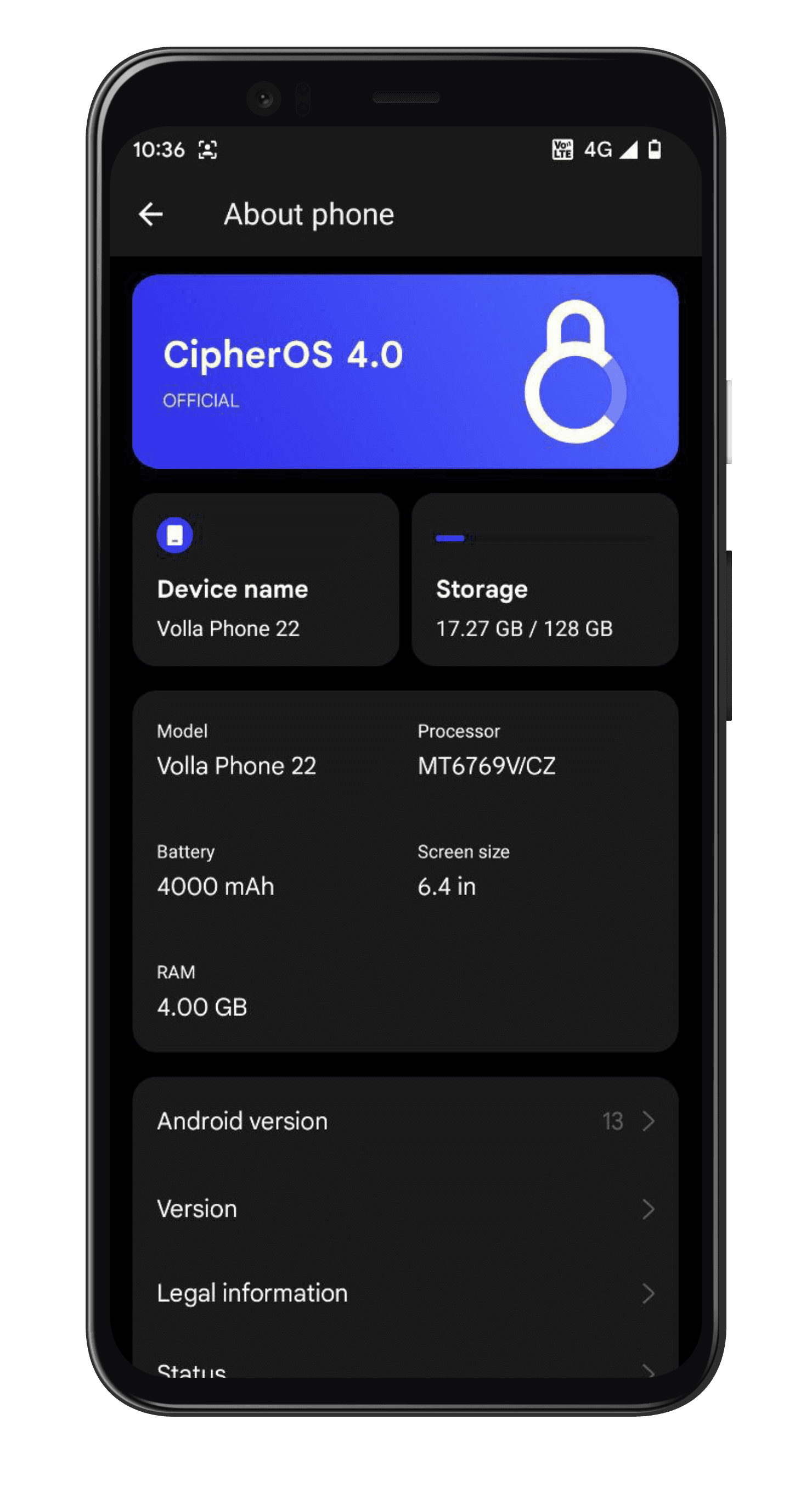 About phone. Device, storage, chipset and battery, all on one screen instead of four.