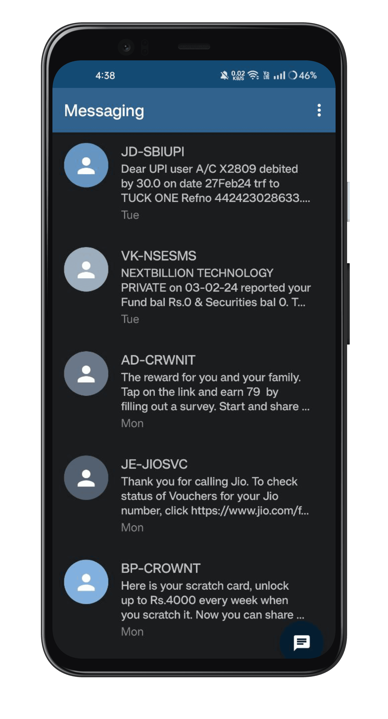 Messaging. The conversation list, dense enough to scan in one pass.
