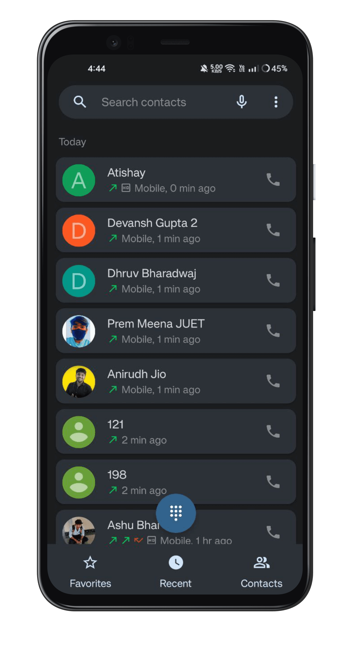 Contacts. Search, favourites and recents, without an account to sign into.