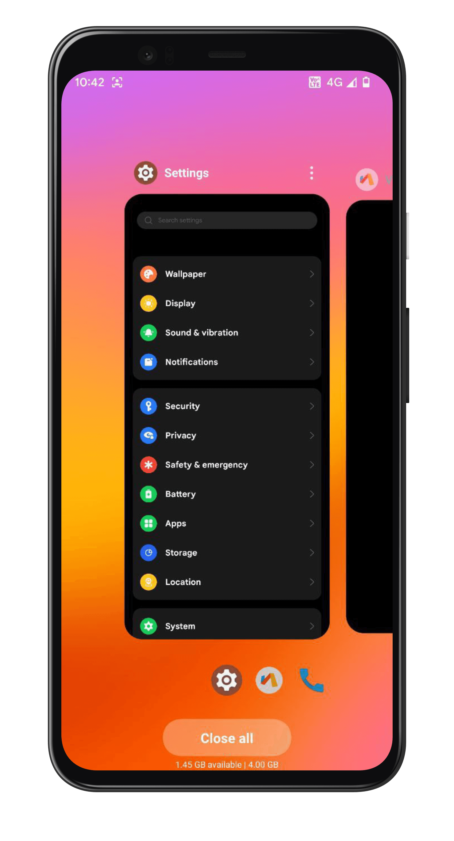 Recents. The app switcher over a vivid wallpaper, with the system tinting itself to match.